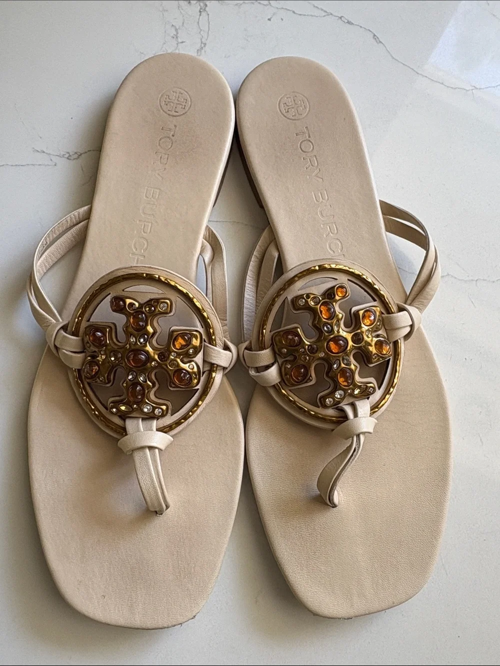 Tory Burch Beige Leather Thong Sandals with Amber Logo Medallions